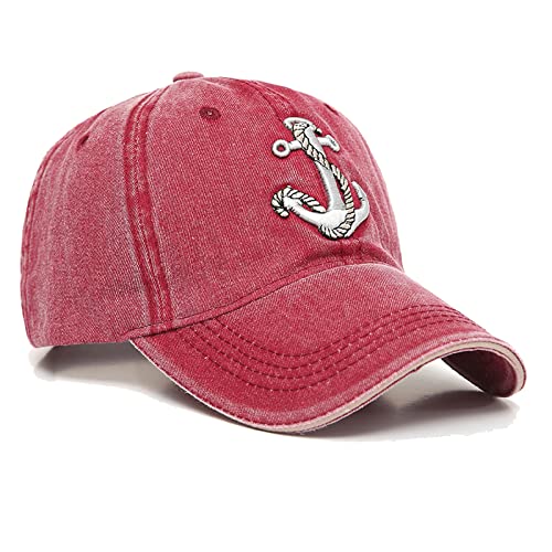2 Pc Embroidered Anchor Baseball Hat, Retro Captain Fishing Sailing Dad Cap, Adjustbale Back Strap (Red) #TOP1