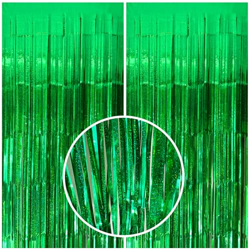 2 Pack Green Streamers Backdrop Jungle Party Decorations Foil Fringe Backdrop Curtains Photo Booth Backdrop for Birthday Dinosaur Animal St Patrick's Day Football Christmas Party Decorations