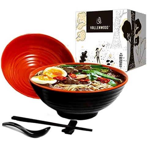 2 Set, 8 Pieces. Ramen Bowl Set, Asian Japanese Soup with Spoons Chopsticks and Stands, Restaurant Quality Melamine, Large 37 oz for Noodles, Pho, Noodle, Udon, Thai, Chinese dinnerware. (2) Cover