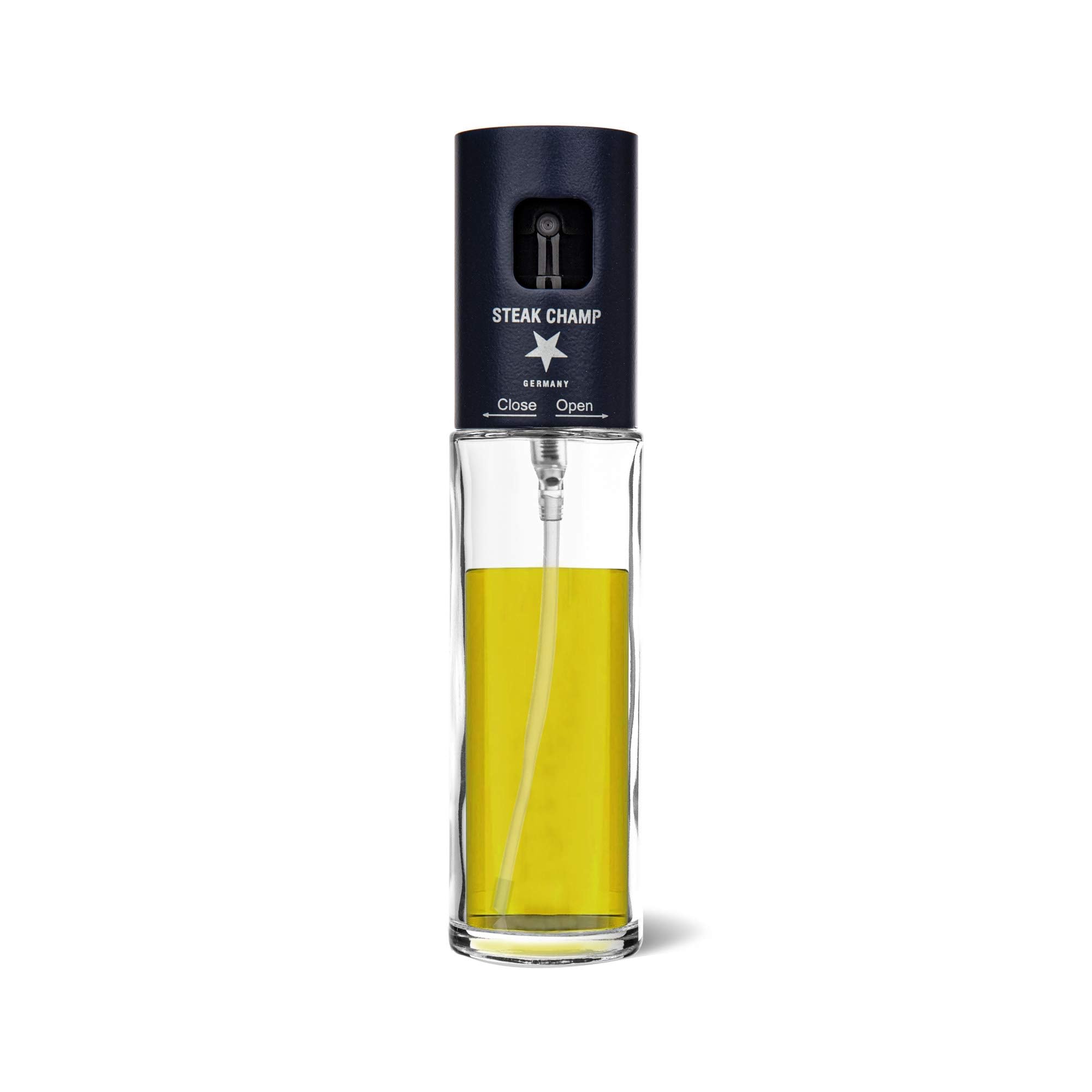 Steakchamp Botella pulverizadora de aceite, filtro antiobstrucción para aceites de temporada, dosificación precisa, vidrio claro, botella pulverizadora de aceite