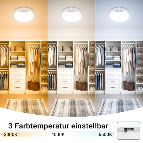 zemty 22cm LED Deckenlampe mit Bewegungsmelder Innen 18W 1800lm, 3 Modi/3 Zeiten (30s/60s/120s)/3 Farbtemperatur, Wasserdicht Lampe mit Bewegungssensor für Flur Bad Treppe Balkon Garage Keller