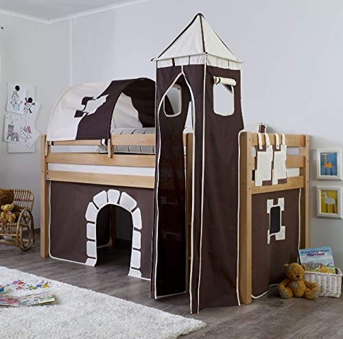 Froschkönig24 Hochbett Alex Kinderbett Spielbett Bett Natur Stoffset Burg,...