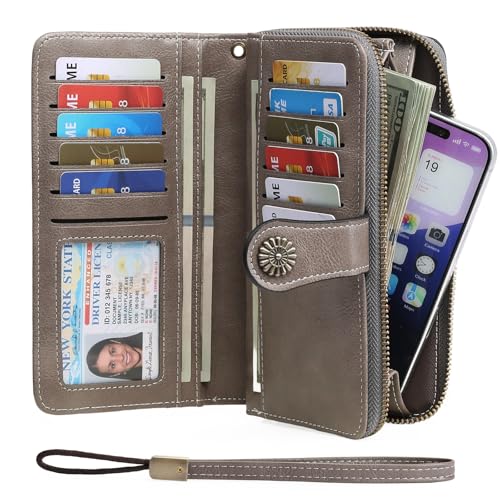 Image of Wristlet Wallets for Women Leather Credit Card Holder Bifold Grey | RFID Blocking, Large Capacity, Ladies Phone Clutch Purse with Zippered Coin Pocket