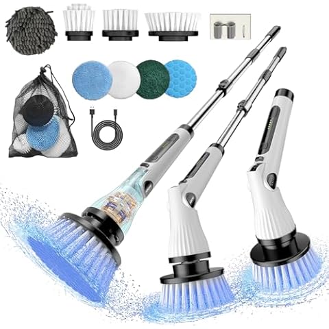 YKYI Electric Spin Scrubber,Cordless Cleaning Brush,Electric Toilet Brush with 8 Replaceable Brush Heads,Adjustable Shower Scrubber with Long Handle,2 Adjustable Speeds,for Bathroom,Tub,Toilet,Tile Cover