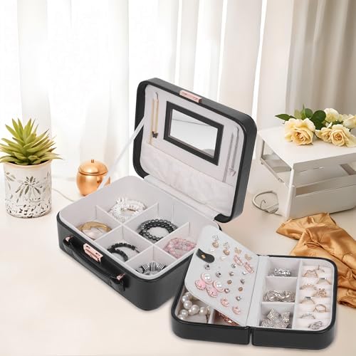 Image of BUCKETLIST PU Leather Jewellery Organizer Box with Mirror & Necklace Hooks | Large Multi-Compartment Jewelry Storage Case with Removable Tray & Mini Travel Box (Luxury Jewelry Box with Mirror (Black)