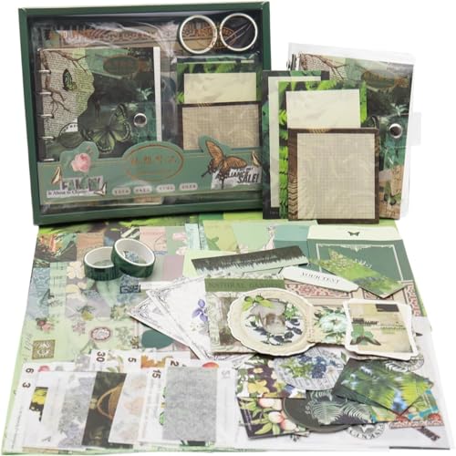 Image of VOTDOT (346Pcs) Paper Junk Journal & Scrapbook Kit, Scrapbooking Supplies Kit with Creative Decor Journaling Supplies, Stationery, Stickers, A6 Grid Notebook with Graph Ruled Page Gift for Girl (VD Green Butterfly).