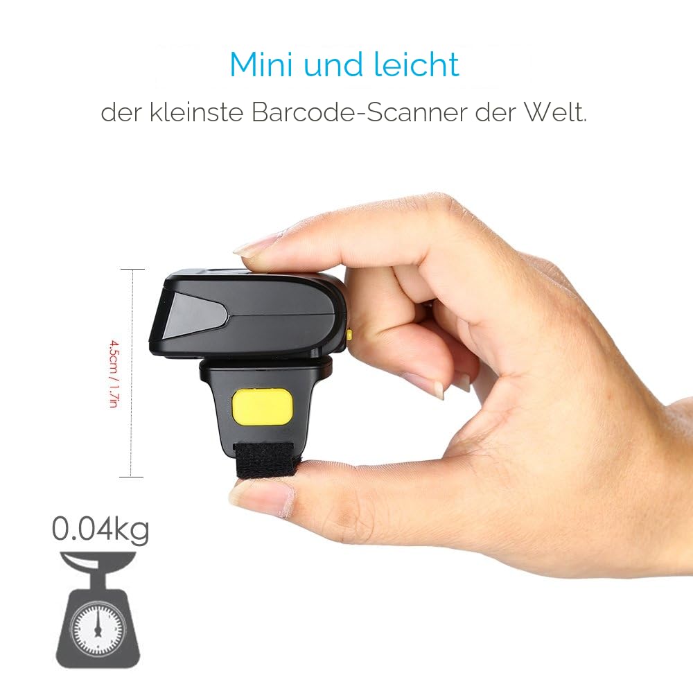 Eyoyo Ring 1D 2D QR-Barcode-Scanner, tragbarer drahtloser Finger-Mini-Barcode-Leser Kompatibel mit Windows, Mac OS, Android 4.0+, iOS-Unterstützung Scannen Sie QR PDF417 DataMatrix auf Bildschirm