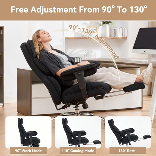 Image of Efomao Executive Office Chair, Mesh Black Fabric Big and Tall Desk Chair | Breathable fabric, pocket spring & foam seat, retractable footrest, 135 recline for computer gaming setup