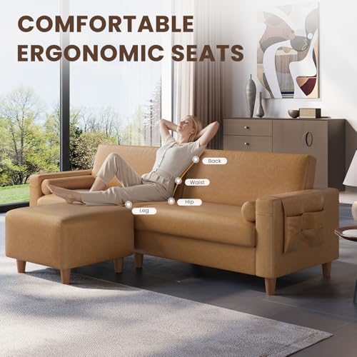 Image of Vesgantti 100 inch Faux Leather Sofa with Movable Ottoman, Wide Seating L Shaped PU Leather Couch with Side Pocket, Comfy Mid Century Modern Modular Sectional Sofa for Living Room, Office, Camel