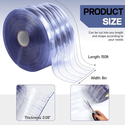 Image of Moukeren Plastic Curtain Strips, 150 ft x 8 in Clear PVC Strip Curtain Roll, Heavy Duty Plastic Insulated Freezer Door Strips for Commercial, Walk-in Cooler, Garage, Warehouse, 0.08 inch Thickness