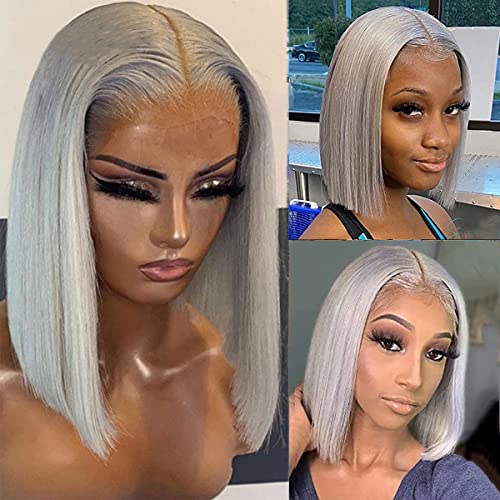 Short Straight Bob Wigs Brazilian Virgin Human Hair Lace Front Wigs Human Hair 13x1 Lace Part 150% Density Full Ends Grey Bob Cut Wig Pre Plucked with Baby Hair 12”