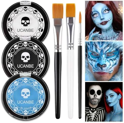 White Black & Light Blue Face Body Paint for Halloween Sally & Corpse Bride Makeup, Non-Toxic Face Painting Kit with Brushes for Kids Adults Smurf Avatar Mermaid & Demon Costume Cosplay SFX Make Up