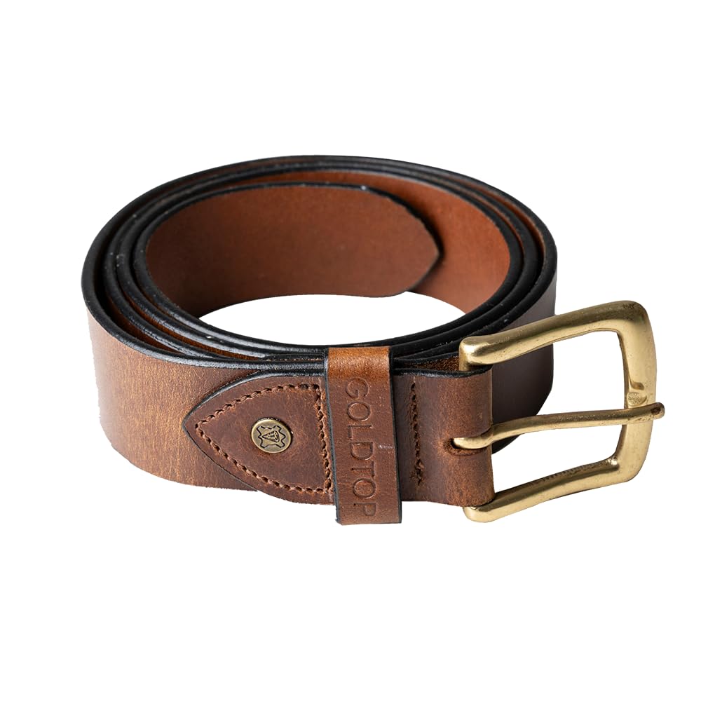 Goldtop Men's Chestnut | Solid Brass Buckle 38Mm Thick Leather Belt - Premium Handmade 100% Genuine Leather 1.5" Wide (, S - 28" To 32")