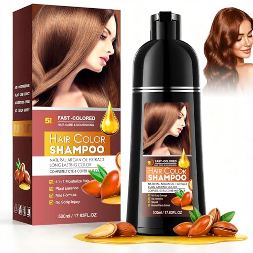 Champú Tinte Castaño Claro 4 en 1 para Hombre y Mujer,Cobertura de Canas Natural e Instantánea,Cubre Canas Mujer,Coloración Duradera y Suave para Todo Tipo de Cabello,Fácil de Usar en Casa,500ML
