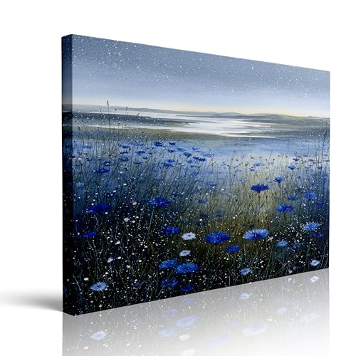 Dusk Wildflower Meadow Canvas Wall Art Framed Painting Blue Cornflowers