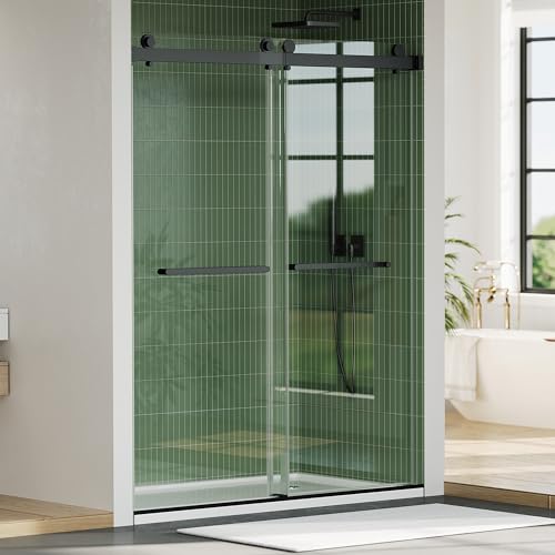 Image of Frameless Double Sliding Shower Door, 56-60 Inch Adjustable Width x 74 Inch Height, 1 /4 inch (6mm) Tempered Safety Glass with Easy-Clean Coating & Explosion-Proof Film, Soft Close, Matte Black