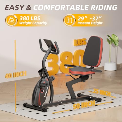Vanswe Recumbent Exercise Bike for Adults Seniors - For Home Workout with 16 Levels Resistance, 380 lbs Weight Capacity, Bluetooth Connectivity and Pulse Sensor RB661(Red)