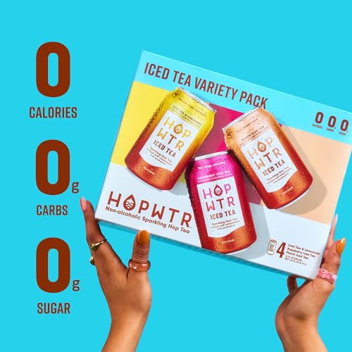 Image of HOPWTR Iced Tea Variety Pack - Peach, Raspberry & Lemonade Sparkling Tea, Non Alcoholic Functional Beverage with Adaptogens, Nootropics & Vitamin C, Zero Sugar (12 Pack, 12oz Cans)