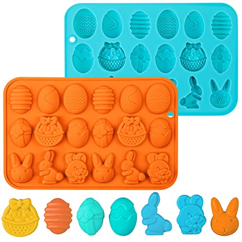Webake Lot de 2 moules à chocolat de Pâques en silicone 18 cavités en forme d'œuf de Pâques en forme de lapin Moule de cuisson anti-adhésif pour chocolat, bonbons, gelée