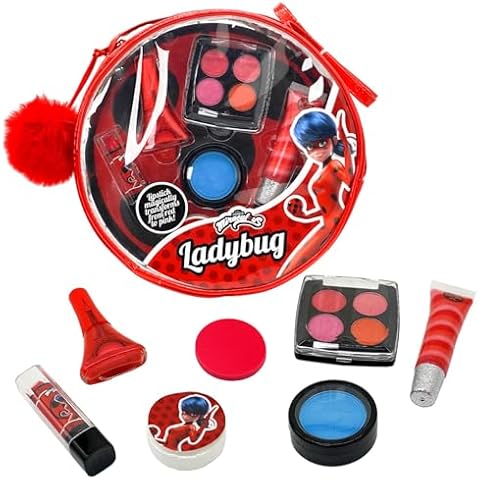 Miraculous Ladybug Kids Makeup Set - 10 Piece Bag with Nail Polish, Hair Chalk, Stickers & More - Safe, Non-Toxic Pretend Play Cosmetics - Miraculous Ladybug Themed Makeup Kit for Children Cover