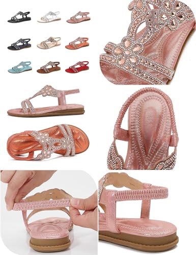 Women's Open Toe Rhinestones Flat Sandals,Sexy Summer Boho Elastic Slingback Ankle Strap Casual Dressy Beach Shoes2