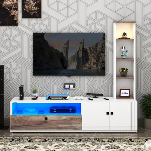 Image of Anikaa Sprax Engineered Wood Floor Standing Modern TV Unit with LED Light for Living Room | 2-Door & Open Box Cabinet with Side Shelf Storage | Ideal for Up To 55 inch | (White /Coachwood) DIY Installation