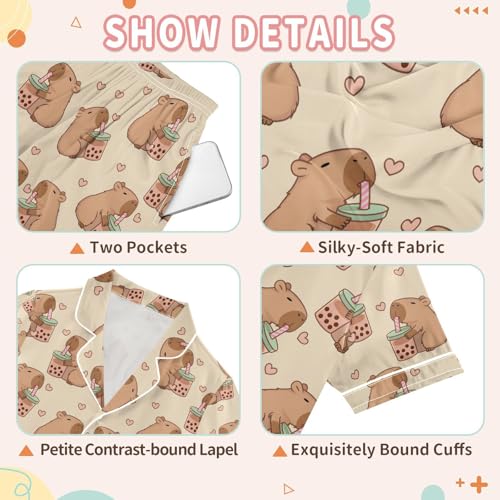 senya Cute Capybara Drinking Juice A Satin Summer Pajama Sets Silk Short Sleeve Button Down Sleepwear3