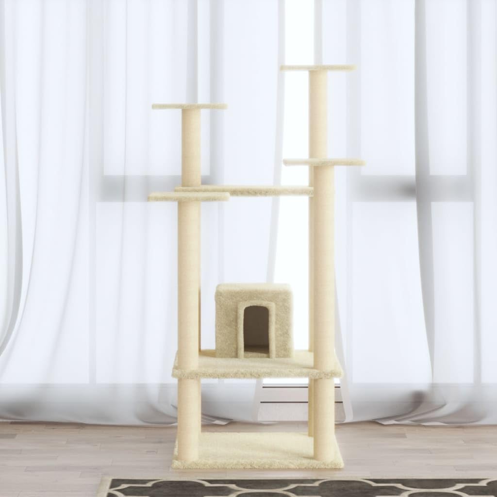 Kratzbaum 110 cm mit Sisal-Kratzsäulen und Höhle Creme | Stabiler Kletterbaum fürs Wohnzimmer mitgemütlicher Katzenhöhle und weichen Aussichtsplattformen in Creme.