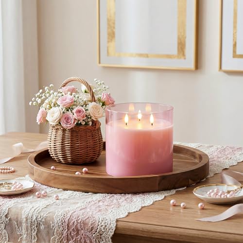 Image of Homemory 6x6 Extra Large Flameless Candle with 3 Wicks, Pink Glass LED Pillar Candle, Real Wax Battery Operated Candle with Remote and Timer, Flickering Flameless Candle Home Wedding Valentine Decor