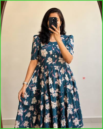 Image of Women's Rayon A-Line Midi Dress, Floral Print, Short Sleeves, Tiered Design, Round Neck, for Summer Wear