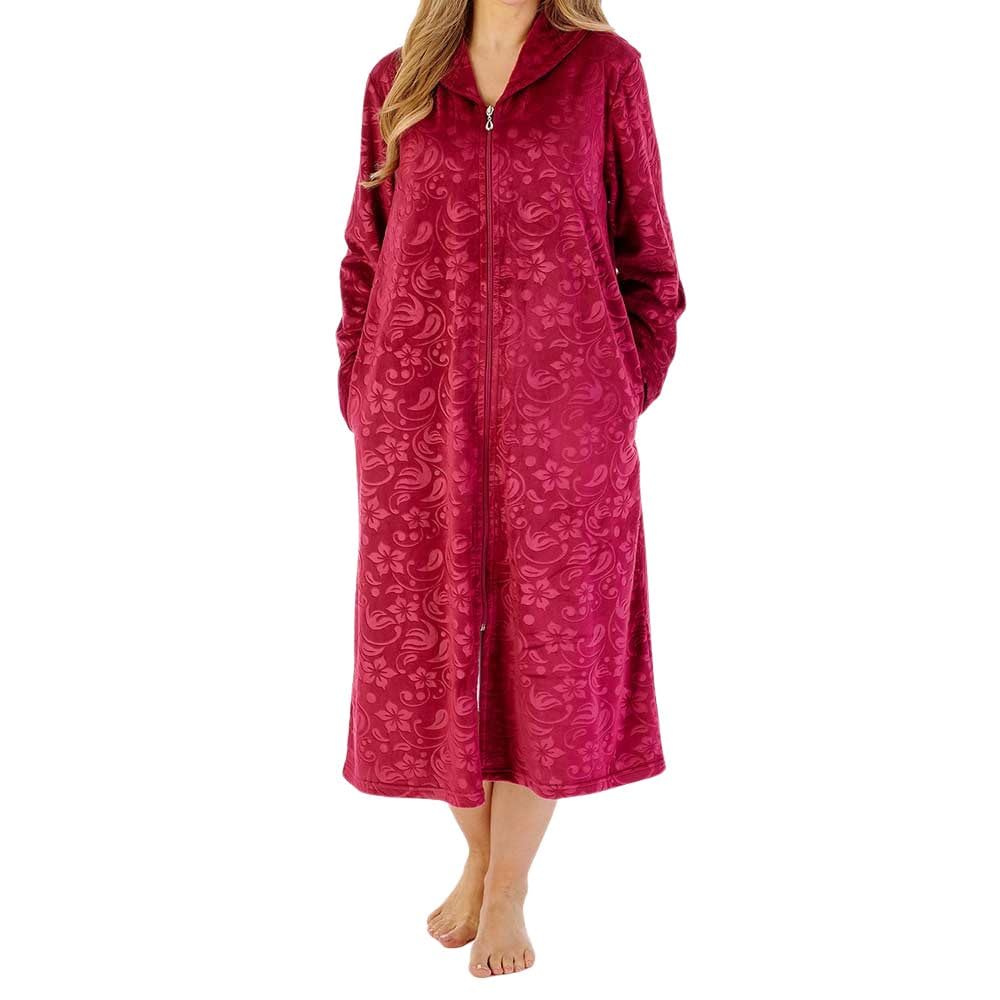 Slenderella Women's Raspberry Floral Embossed Zip Opening 46 Inch Housecoat (20/22, )