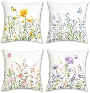 Bonhause Spring Flower Cushion Covers 45 x 45 cm Colorful Garden Floral Butterflies Decorative Throw Pillow Covers for Sofa Home Garden Patio Decor Set of 4