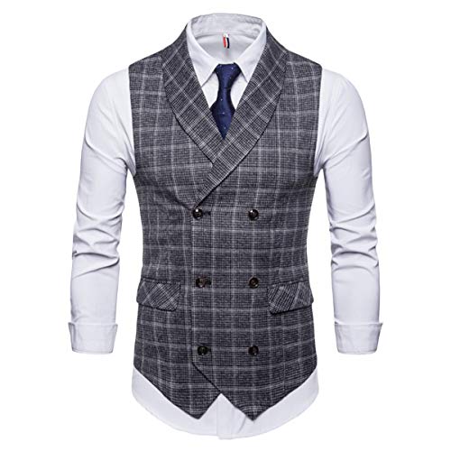 Men's Plaid Tweed Suit Vest Double-Breasted Casual Waistcoat Shawl Lapel Business Suit Vest Grey