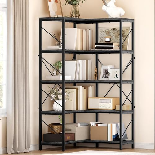 DWVO Corner Bookshelf, 5-Tier L-Shaped Bookshelf Storage Organizer, Tall Corner Bookcase Open Display Freestanding Storage Rack for Living Room, Home Office, Grey