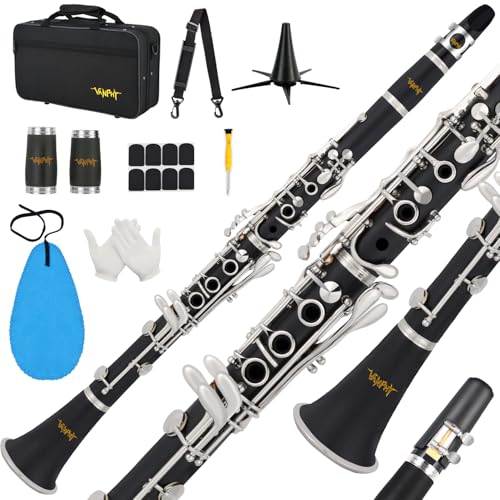 Bb Clarinet For Beginners Students B Flat Clarinet 17 Keys Clarinets with Case Stand Strap 2 Barrels 8 Mouthpiece Cushion White Gloves(Black)