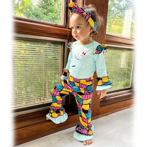 HINTINA Newborn Infant Baby Girl First Halloween Outfits Bodysuit Bell Bottom Pants Clothes Set With Headband3