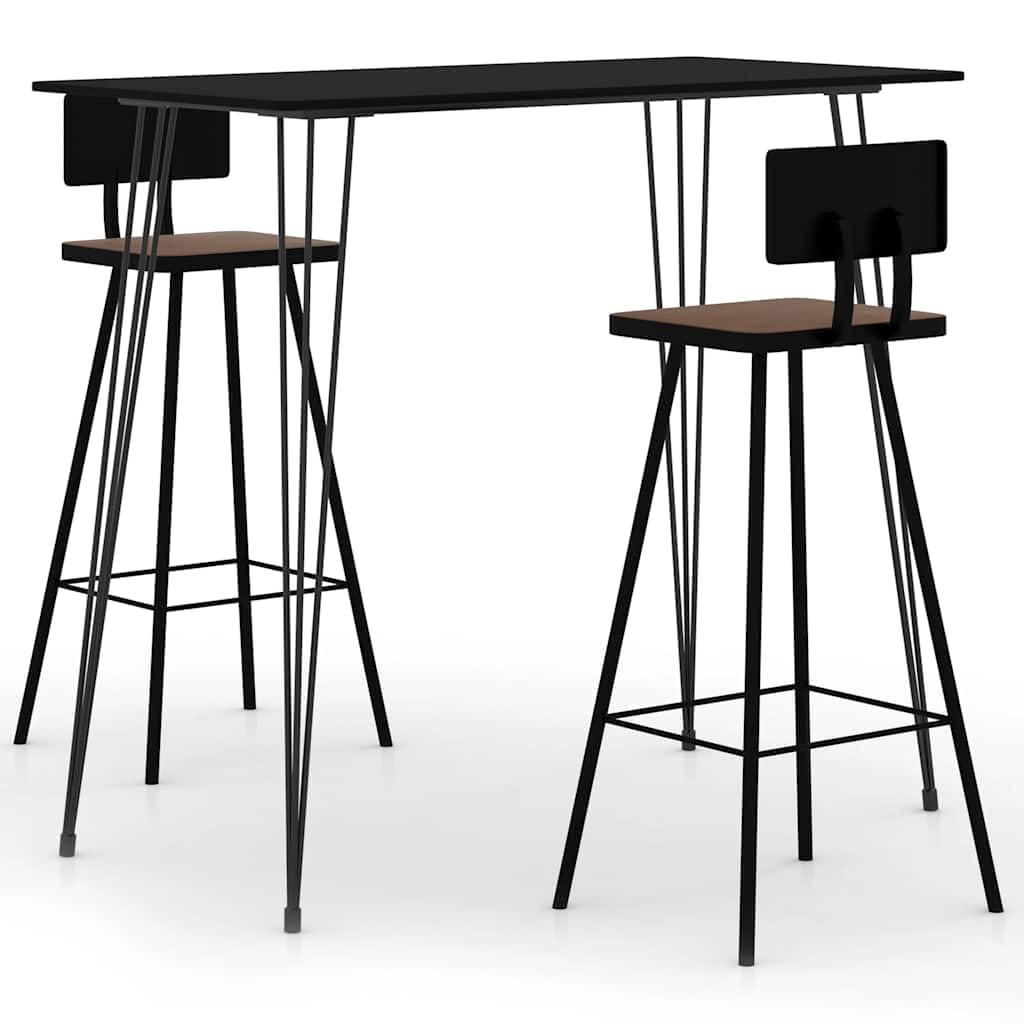Ensemble de bar 3 pièces noir avec plateau en MDF et tabouret de bar en bois massif recyclé, cadre en acier revêtu par pulvérisation, table de bar, 120 x 60 x 105 cm, peu encombrant, pour