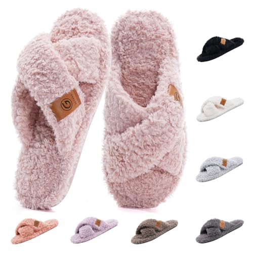 VIVASUN Slippers for Women Fuzzy House Slippers with Memory Foam Slip-on Open Toe House Shoes Warm Cozy Cashmere Slipper Indoor Washable Bedroom Slipper,Light Pink
