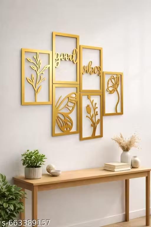Image of Wooden Wall Decor Set of 6 with Gold Finish | Good Vibes Quote, Floral & Butterfly Design | Modern Living Room Wall Art