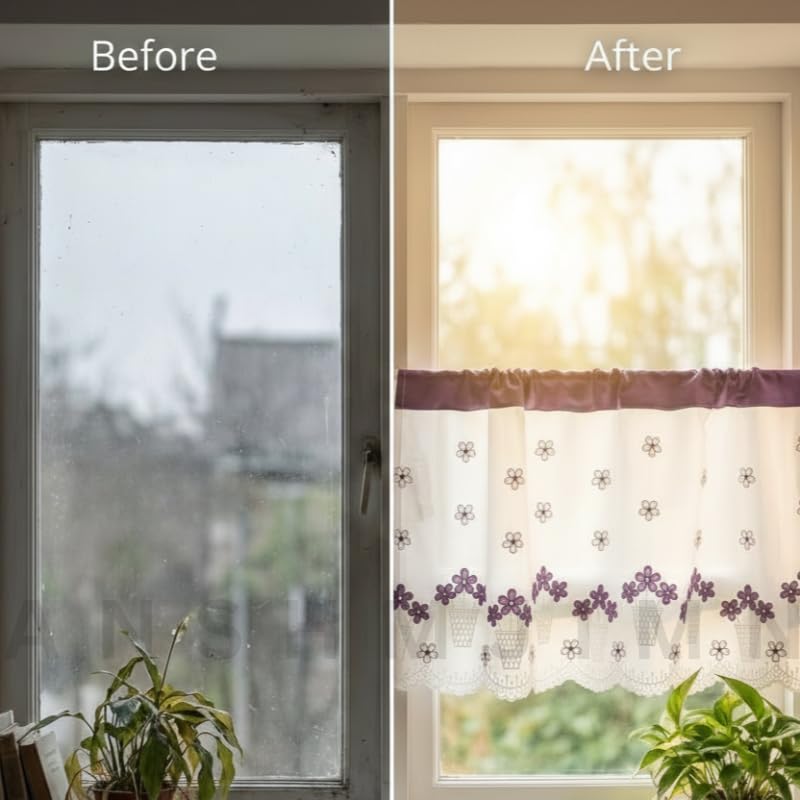Image of Short Window Curtain for Kitchen, Living Room, Cafe, Restaurant & Home Decor | Elegant Half Window Valance | Length - 24 Inch, Width - 42 Inch (White Flowerpot, Small)