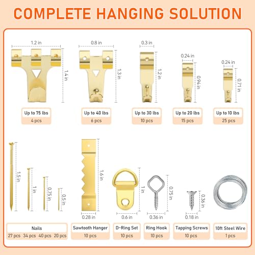 Image of Picture Hanging Kit, 224pcs Hanging Hardware with Hooks, Wire, Nails, D Rings, Photo Sawtooth Hangers, Ring Hooks, Wall Art Frame Hanging Kit with Yellow Magnetic Level and Small Claw Hammer