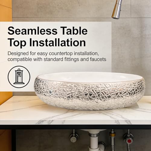 Image of Wallace Designer Oval Table Top Wash Basin 60x40x15 cm White Textured Finish | Premium Ceramic Countertop Vessel Sink | Luxury Over Counter Bathroom Basin