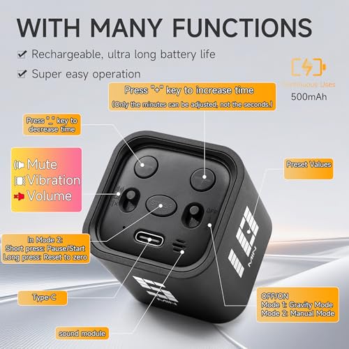 Image of Rotating Productivity Timer 5, 10, 30, 60 Minutes Preset, Desk Cube w /Gravity Sensor for ADHD, Mute Functions, Ideal for Work, Study, Kitchen, Back to School (Black)