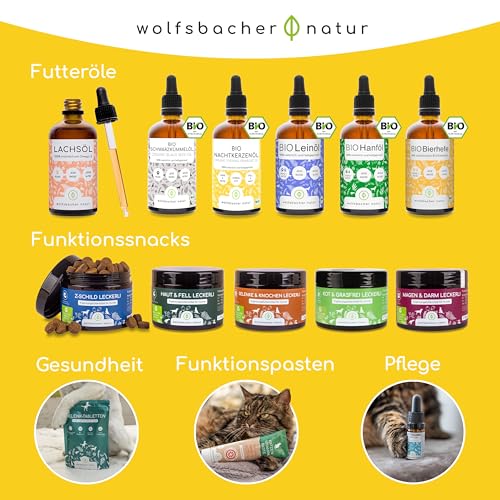 Bio Nachtkerzenöl für Hunde und Katzen, 100ml kaltgepresstes Fellöl 100% Bio aus Deutschland - reich an Omega 3 & 6, Barf Öl, DE-ÖKO-060