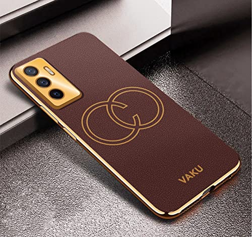 Image of Vaku Luxos Skylar Back Cover Case for Vivo V23e 5G with Leather Pattern Design Gold Electroplated Soft TPU Cover| Shockproof Protective Case - Brown