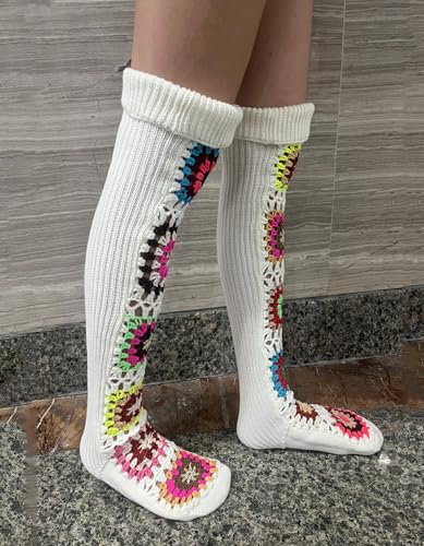 Image of Leoparts Crochet Thigh High Socks Granny Square Over Knee High Retro Knitted Stocking Colorful Leg Warmers