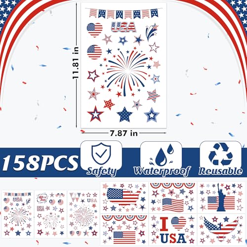 Image of 152 Pcs 4th of July Window Clings, 9 Sheets Patriotic Window Clings Decals, Watercolor Double-Sided American Flag Stars Firework Window Stickers for Independence Day Parade Veterans Memorial Day Decor
