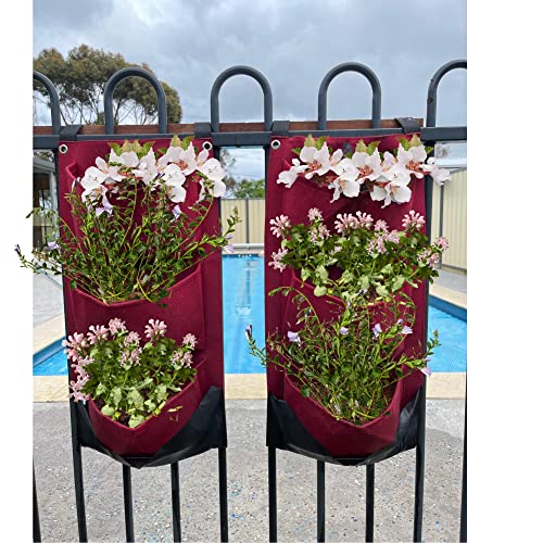 Vertical Wall Hanging Felt Fabric Planter Grow Bags/Hanging Garden Planter Kit Red Felt Waterproof Back 2 Pack X 3 Pocket For Indoor Or Outdoor/Vegetable, Herb, Flower, Succulent Or Seed Planter #TOP4
