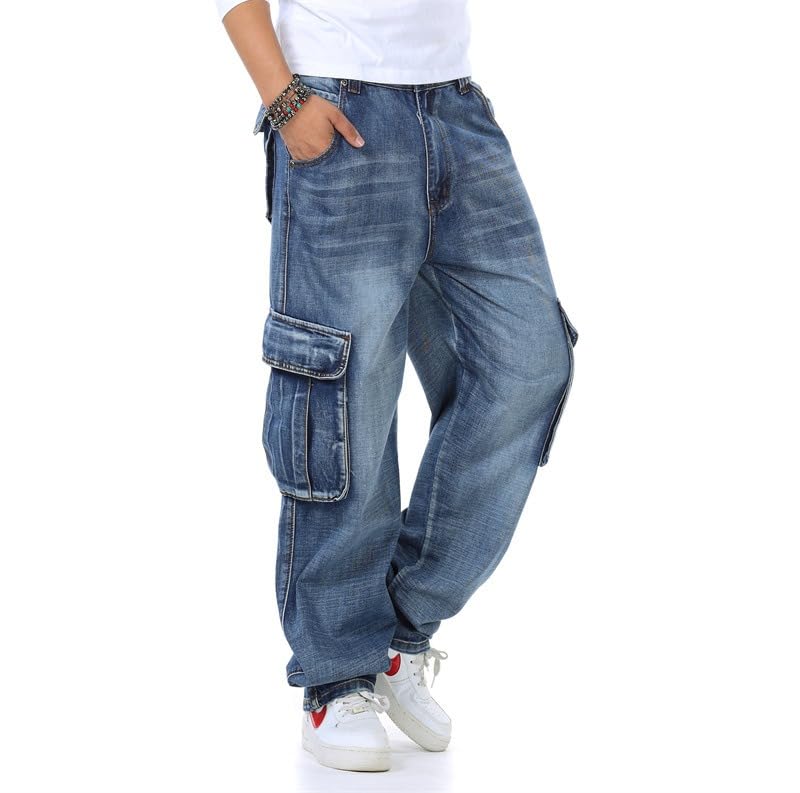 Men's Casual Loose Hip Hop Denim Work Pants Jeans Motorcycle Workwear Multi Pockets Biker Cargo Jeans Pants2