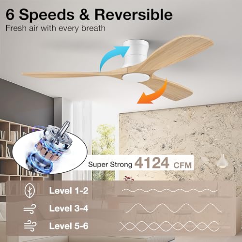Image of 52 inch Low Profile Wood Ceiling Fans with Lights Remote,Flush Mount,Modern